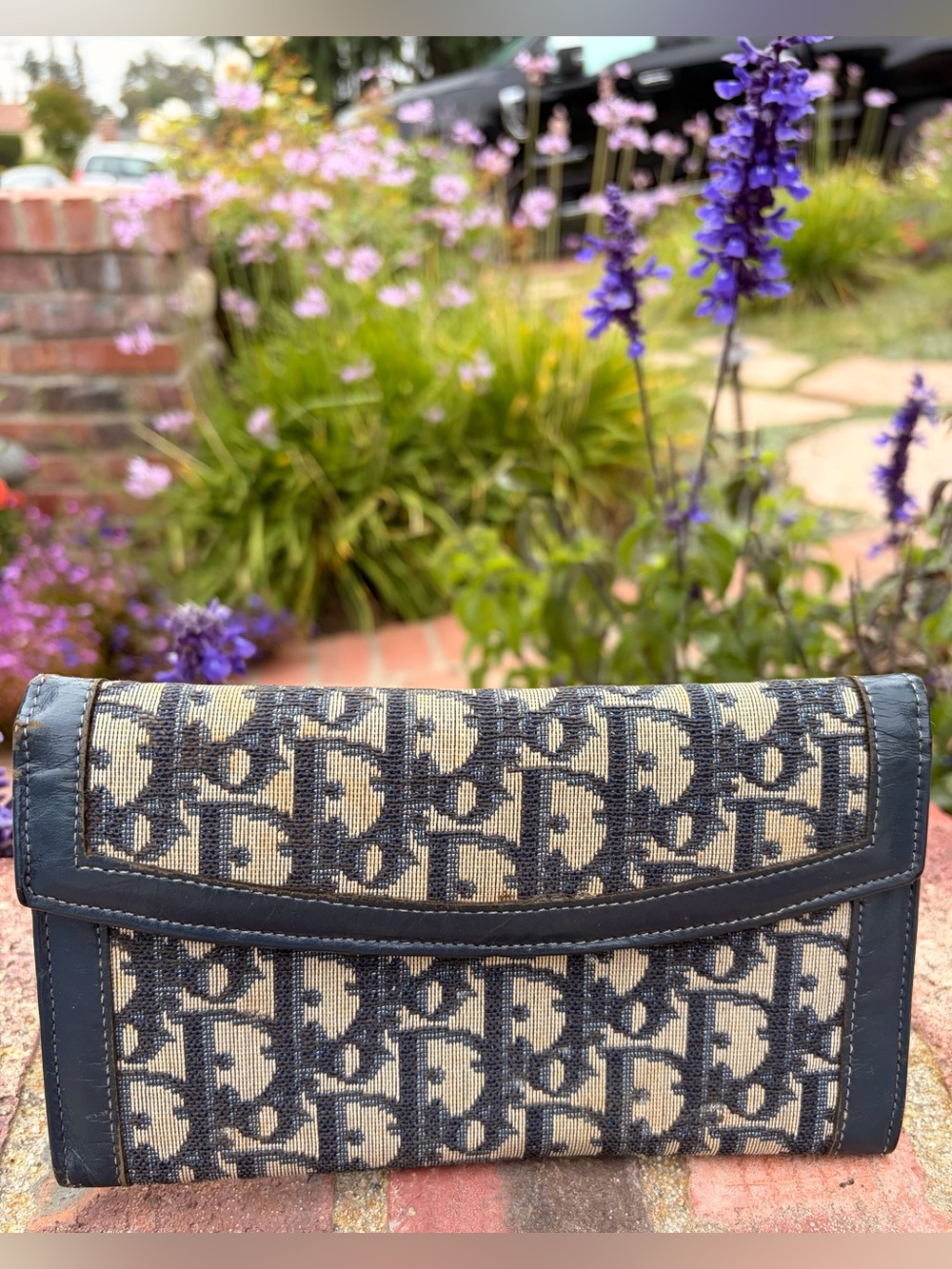 Authentic Christian Dior Logo Fabric & Leather Long Wallet
